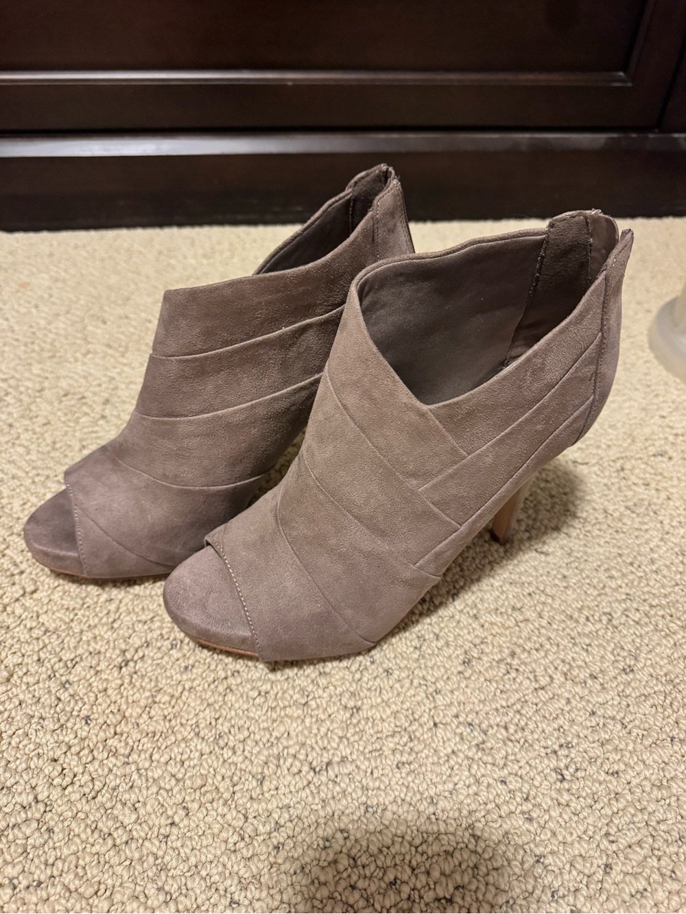 Fergalicious Taupe Suede Peep-Toe Ankle Booties